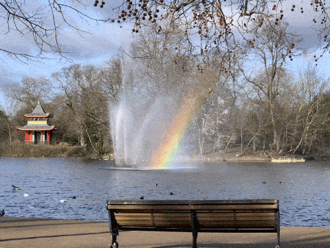 A rainbow in the fountain at Victoria Park