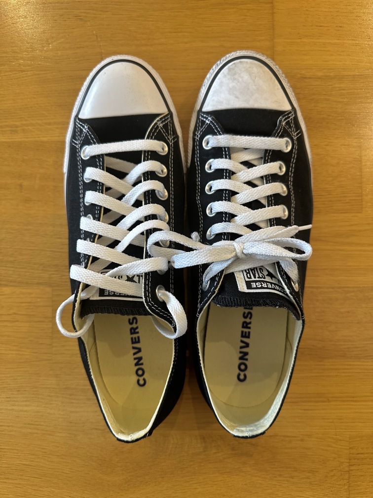 A pristine left shoe and a less pristine right shoe